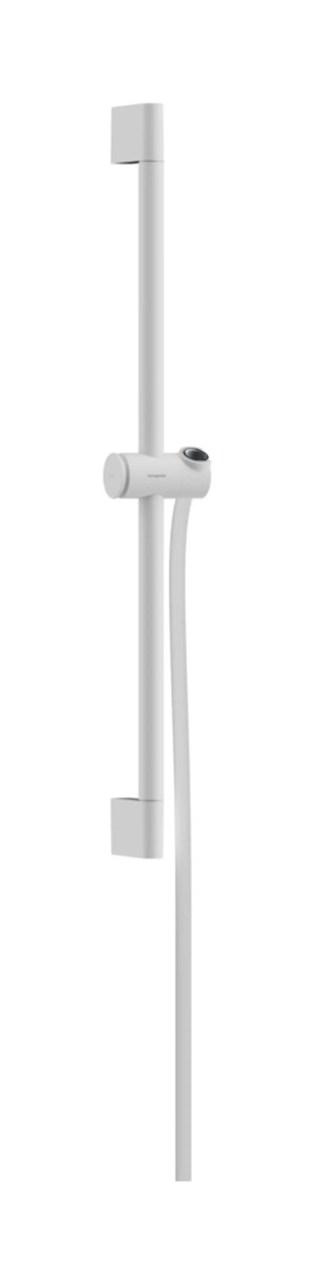 Weißer Duschstangenhalter mit integriertem Handbrausehalter und flexiblen Schlauch. Modell von Hansgrohe, Design für moderne Badezimmer.